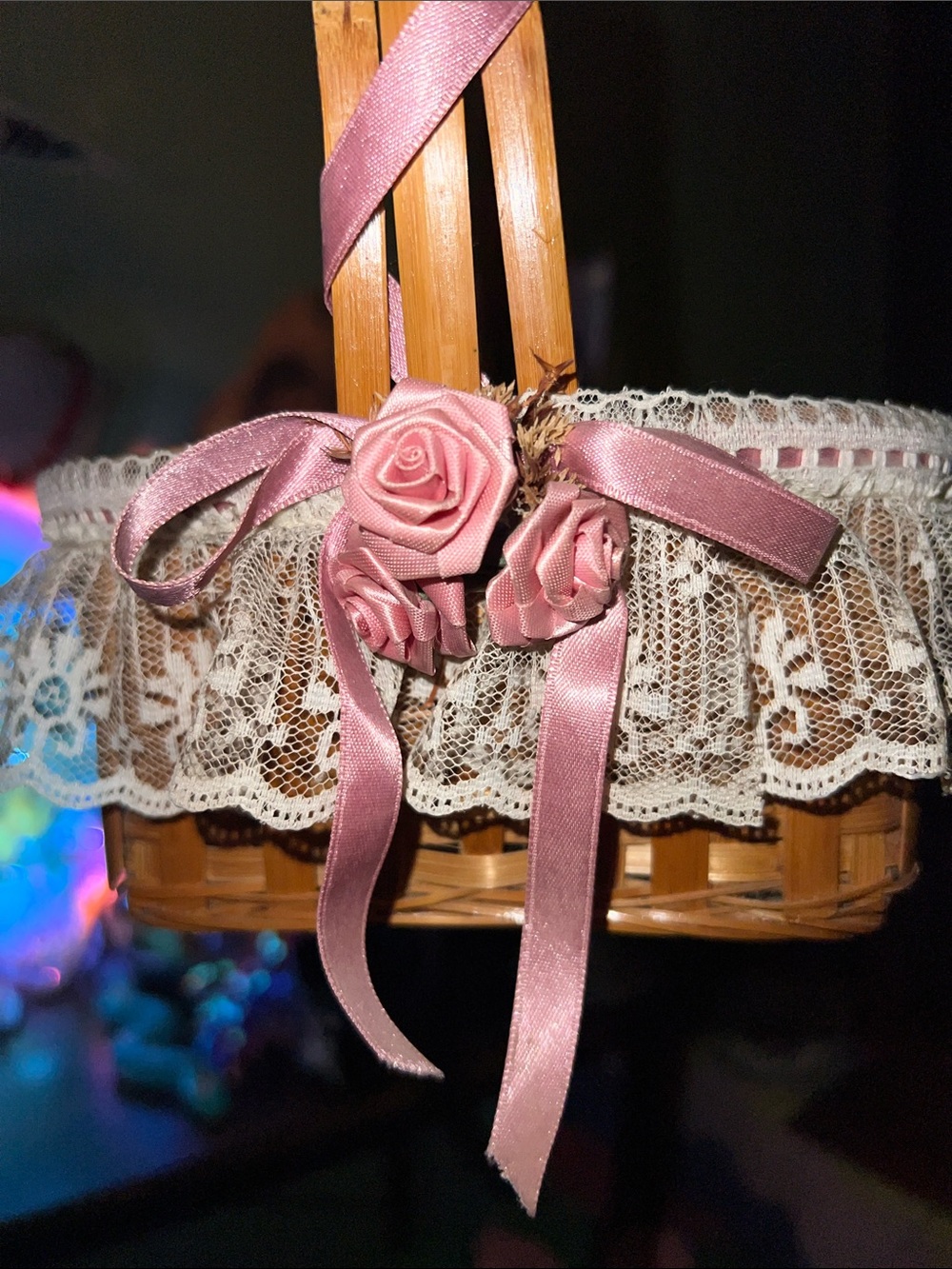 Vintage Lace Trim Woven Basket with Pink Ribbon - Picture 5 of 6
